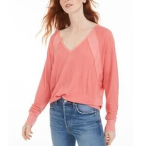 FREE PEOPLE Women's Large Santa Clara Oversized V Neck Thermal Sweater Top Pink